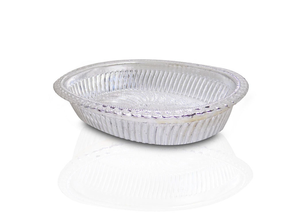 A silver oval decorative serving tray with a floral pattern on a white background, viewed slightly from above.