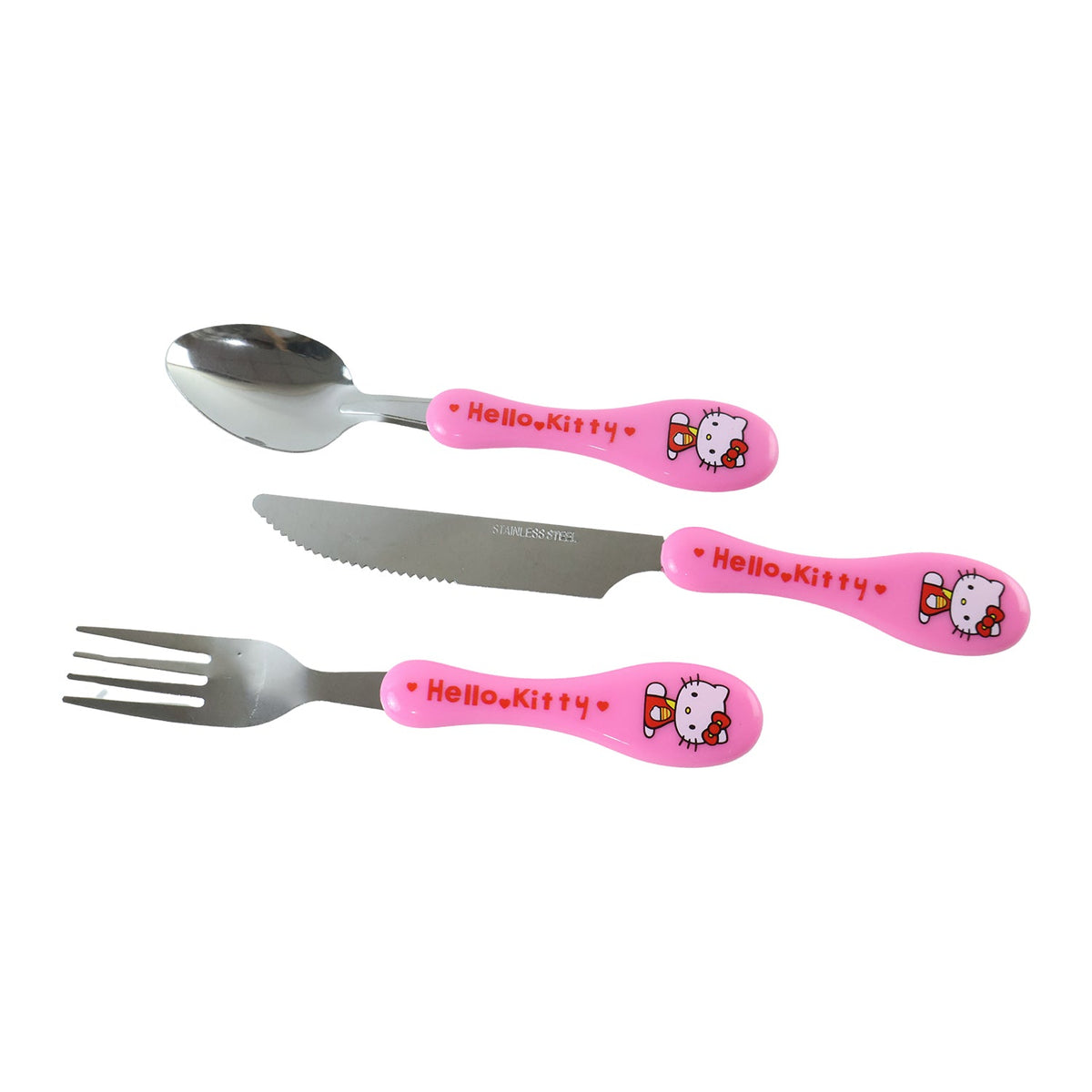 Pink Hello Kitty spoon, knife, and fork with white background.