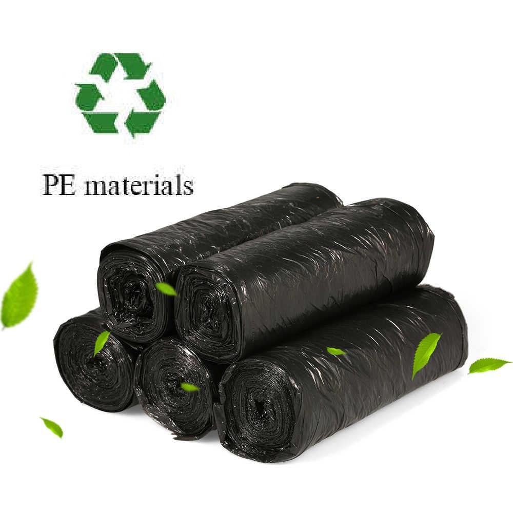 A stack of six rolled black garbage bags with a recycling symbol and 'PE materials' text.