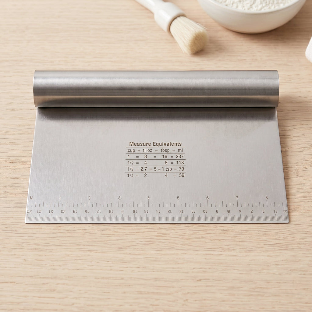 A stainless steel dough scraper with a ruler and measurement equivalents is placed on a light wooden table.