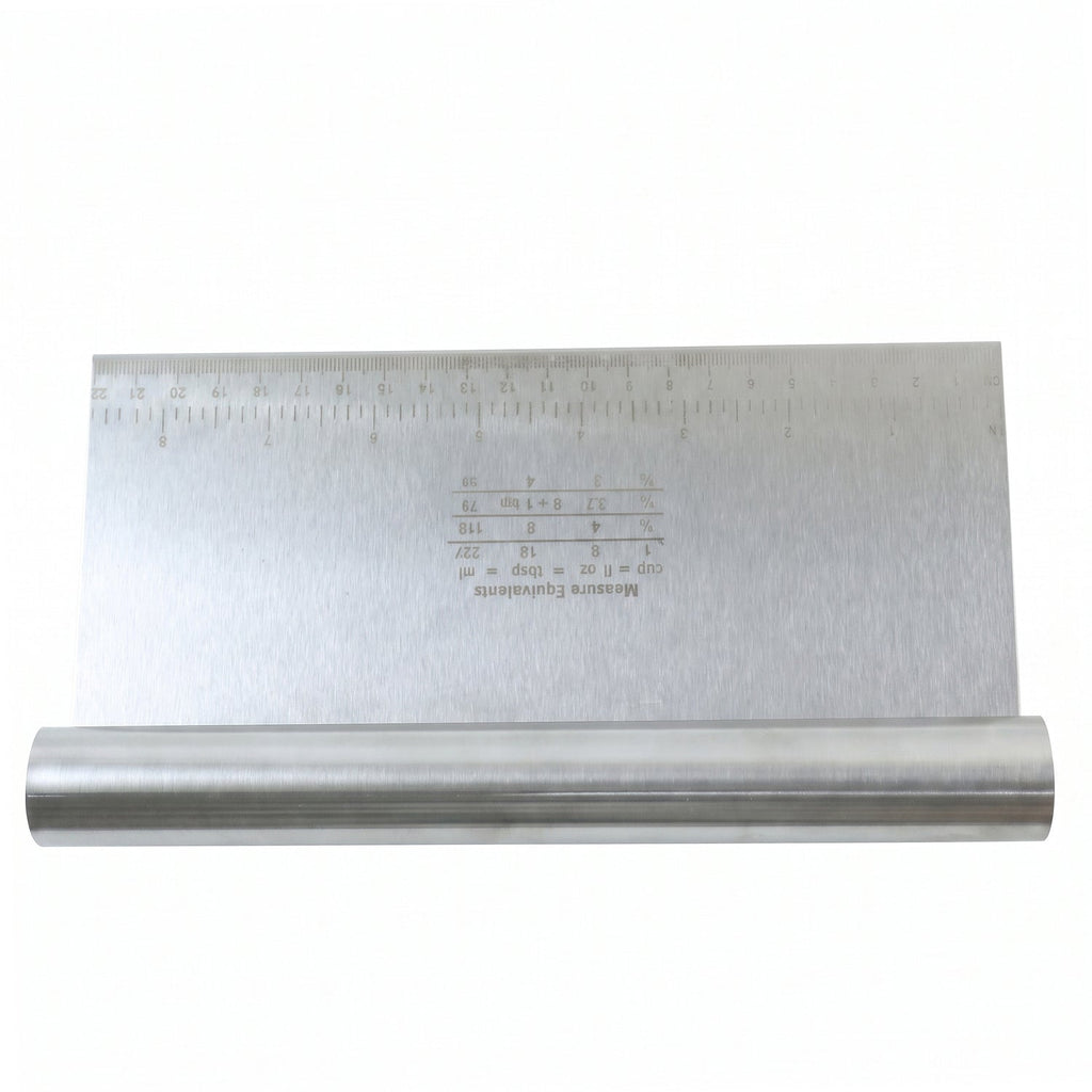 A stainless steel dough scraper with a ruler and measurement equivalents is shown on a white background.