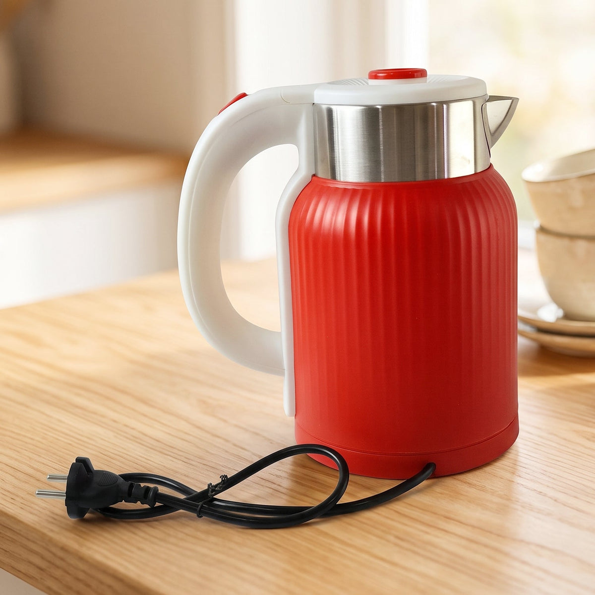 A red ribbed electric kettle with a white handle and stainless steel top sits on a wooden table, with its black power cord