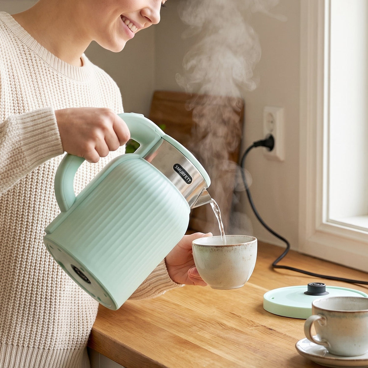 A mint green electric kettle with a ribbed design and a black power cord is displayed with its dimensions labeled.