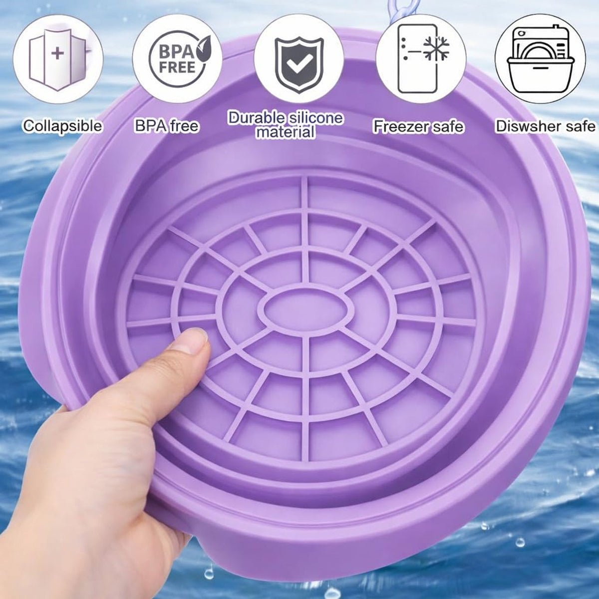 A hand holds a purple collapsible silicone bowl, showing its grid pattern bottom and feature icons against a water