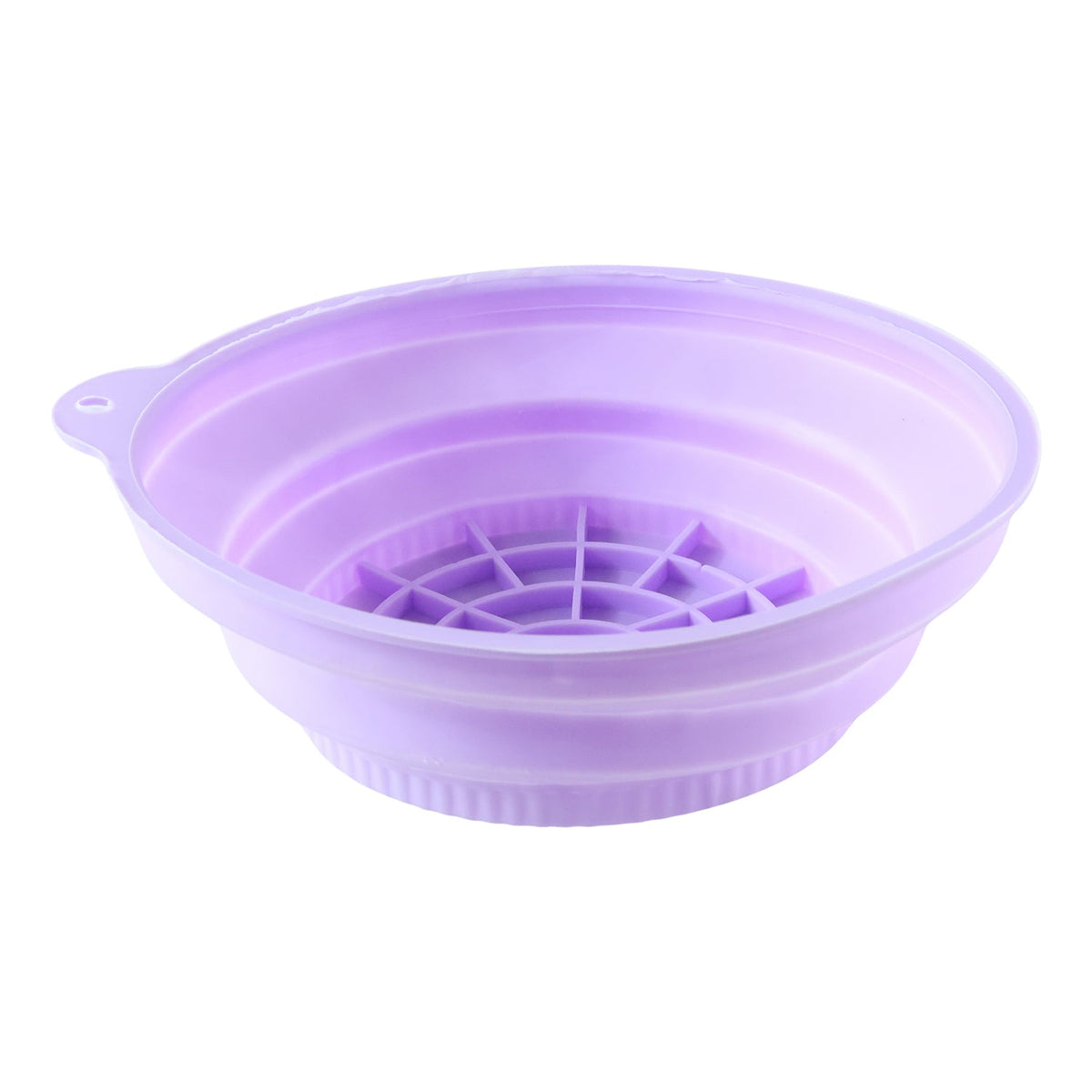 A light purple collapsible silicone bowl with a grid pattern on the bottom is displayed against a white background.