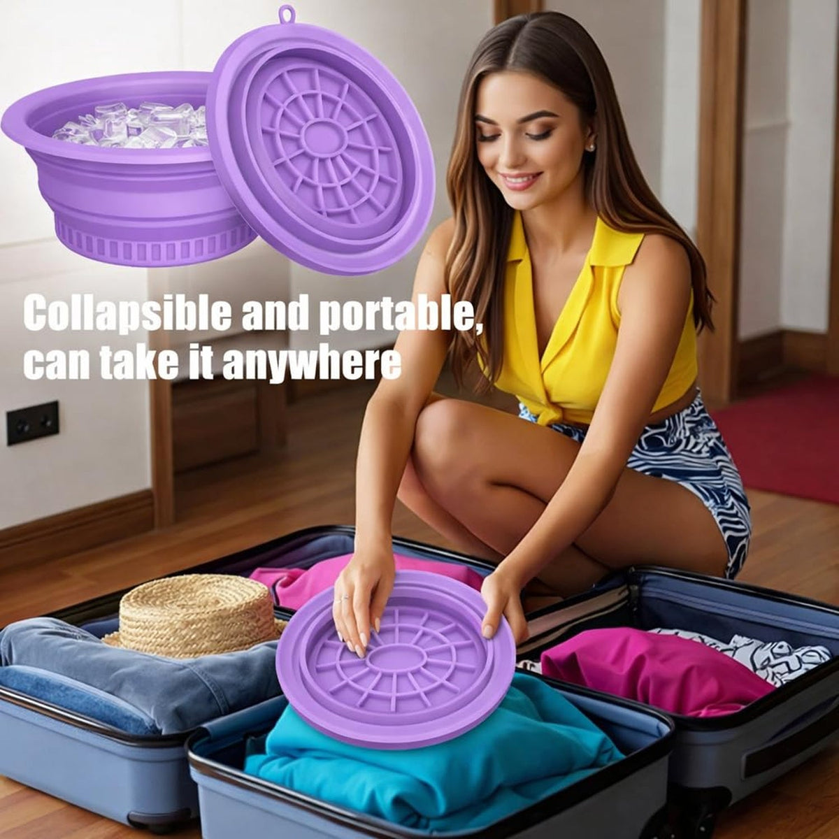 A smiling woman places a purple collapsible silicone bowl into an open suitcase filled with clothes.
