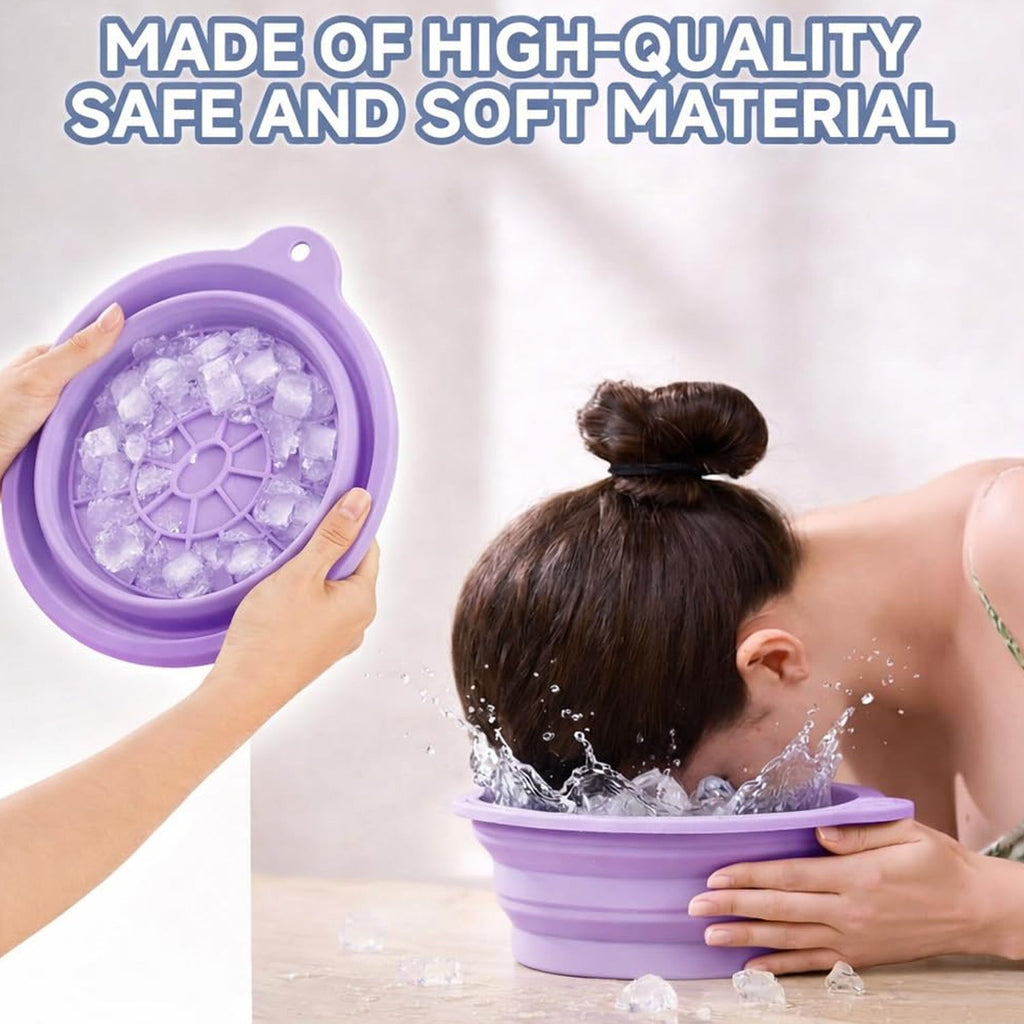 A person holds a purple collapsible silicone bowl with ice cubes while another person splashes water on their face.