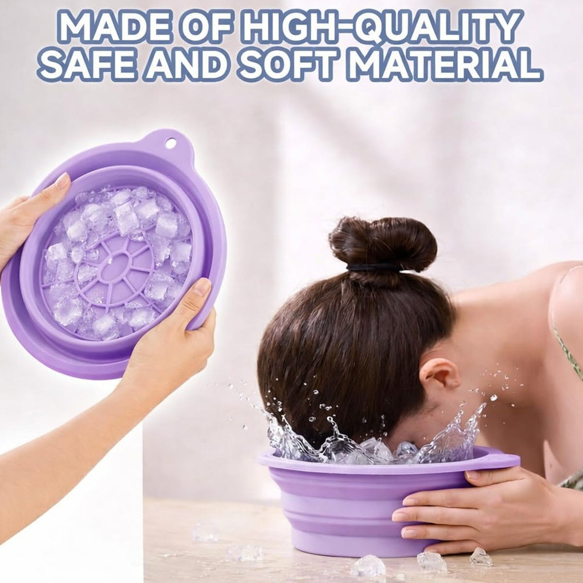 A person holds a purple collapsible silicone bowl with ice cubes while another person splashes water on their face.