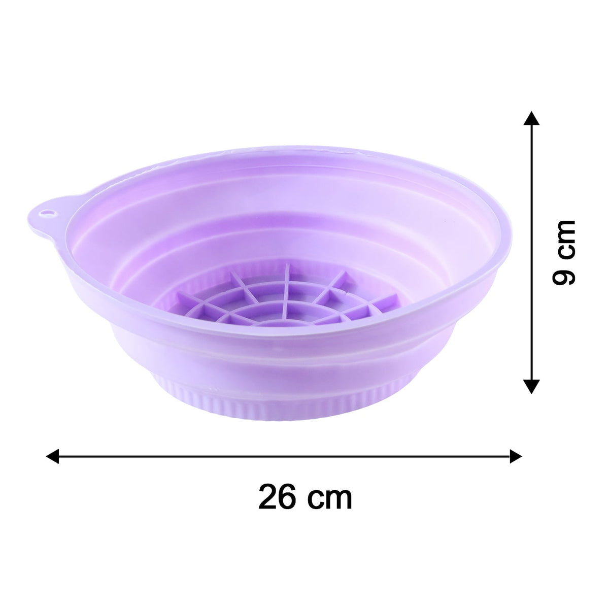 A light purple collapsible silicone bowl with a grid pattern shows dimensions of 26 cm wide and 9 cm tall.