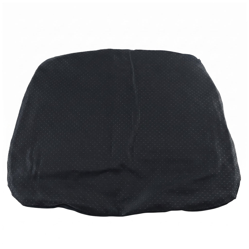 Top-down view of a black ergonomic seat cushion with a textured, dotted surface on a white background.