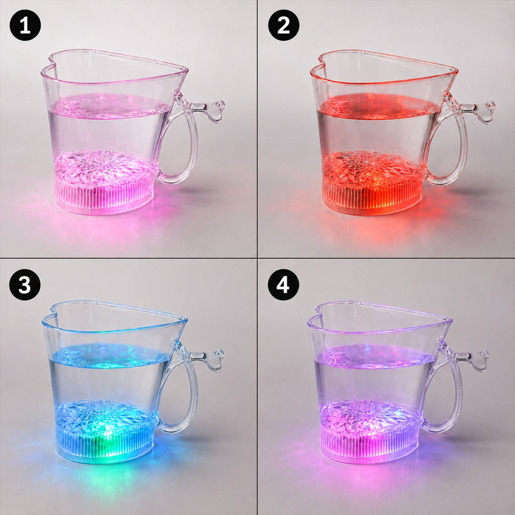 Four clear heart-shaped mugs, each filled with water and glowing in different colors: pink, red, blue, and purple.