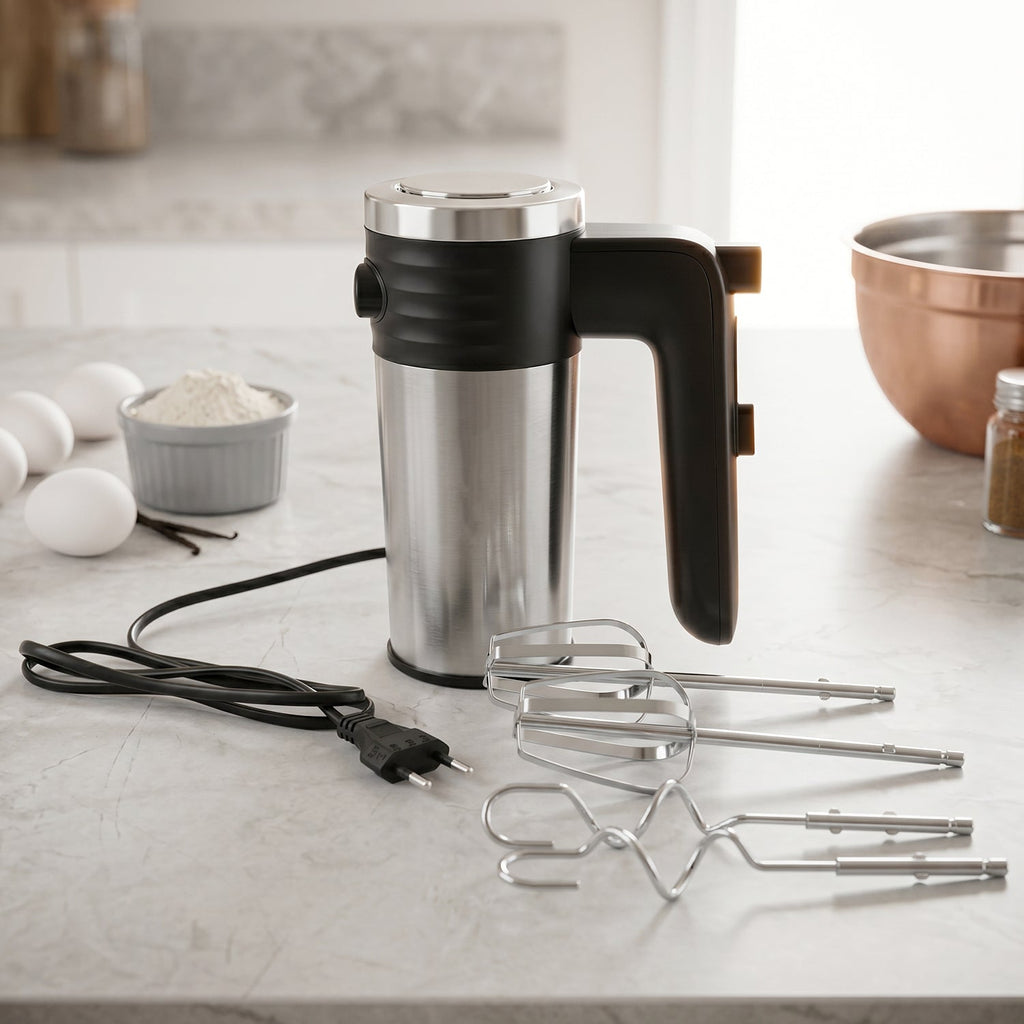 A black and silver electric hand mixer with its cord, two beaters, and two dough hooks rest on a light-colored kitchen