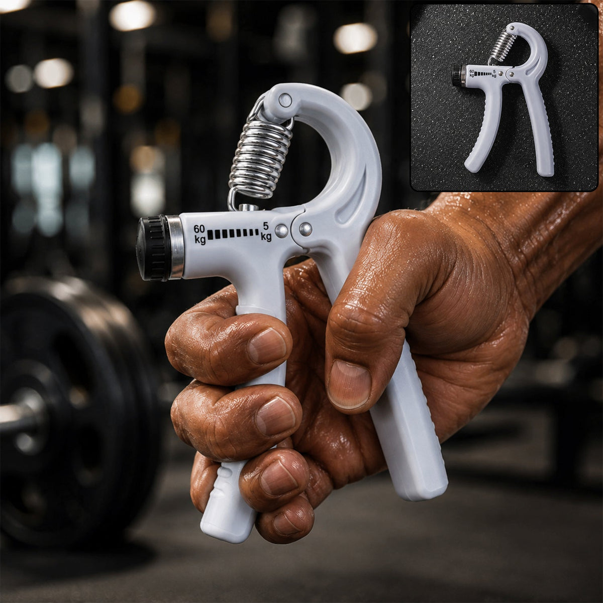 A person's hand holds a white adjustable grip strength trainer with a metal spring in a gym setting.