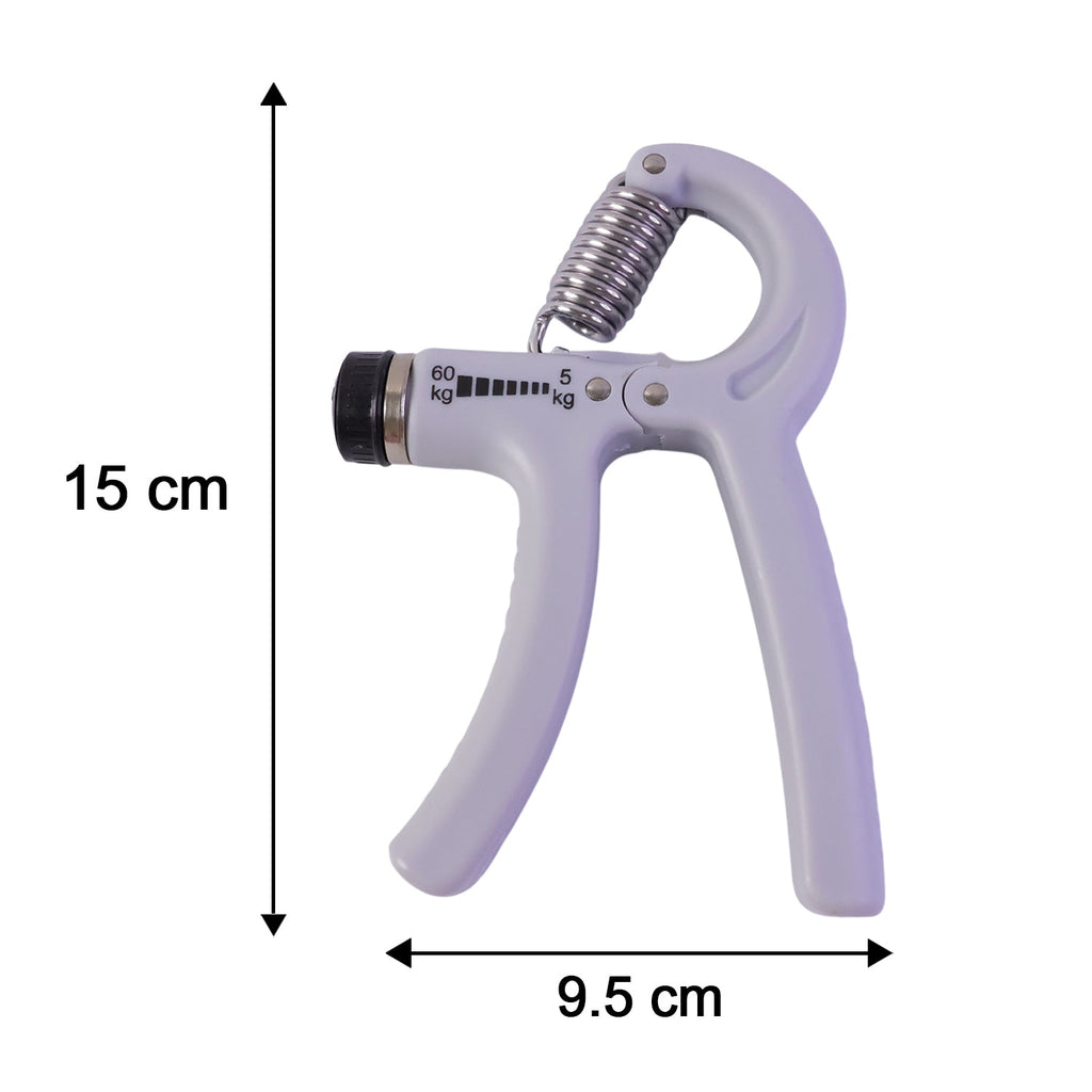 A gray adjustable grip strength trainer with a metal spring is shown with dimensions of 15 cm length and 9.5 cm width.