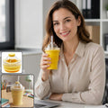 A smiling woman holds a yellow silicone cup with a dome lid and straw, with insets of the cup collapsed and on desk.
