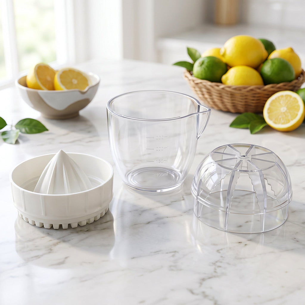 A disassembled white and clear plastic citrus squeezer on a marble counter with lemons and limes in the background.