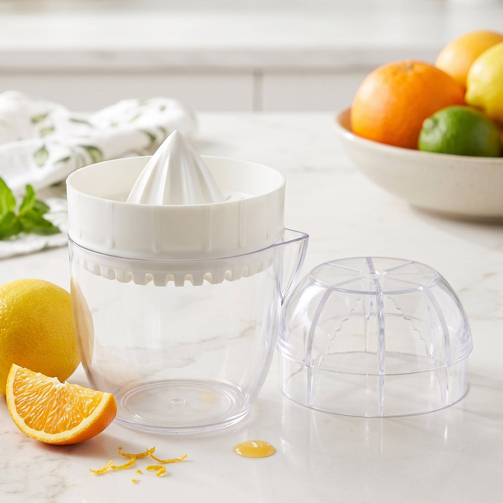 A white and clear plastic citrus squeezer, disassembled, on a marble counter with lemons, orange slices, and mint leaves.