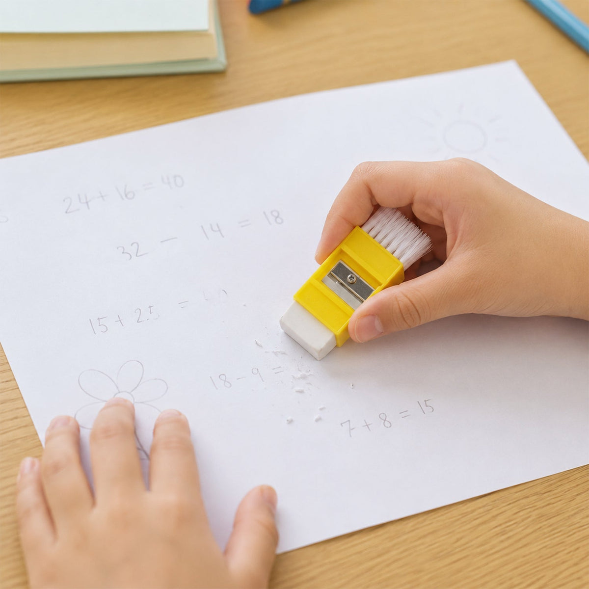 A child's hand using the yellow eraser with a brush to erase writing on a white paper with math problems.