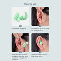 A four-panel diagram illustrates how to insert the mint green silicone earplugs into the ear.