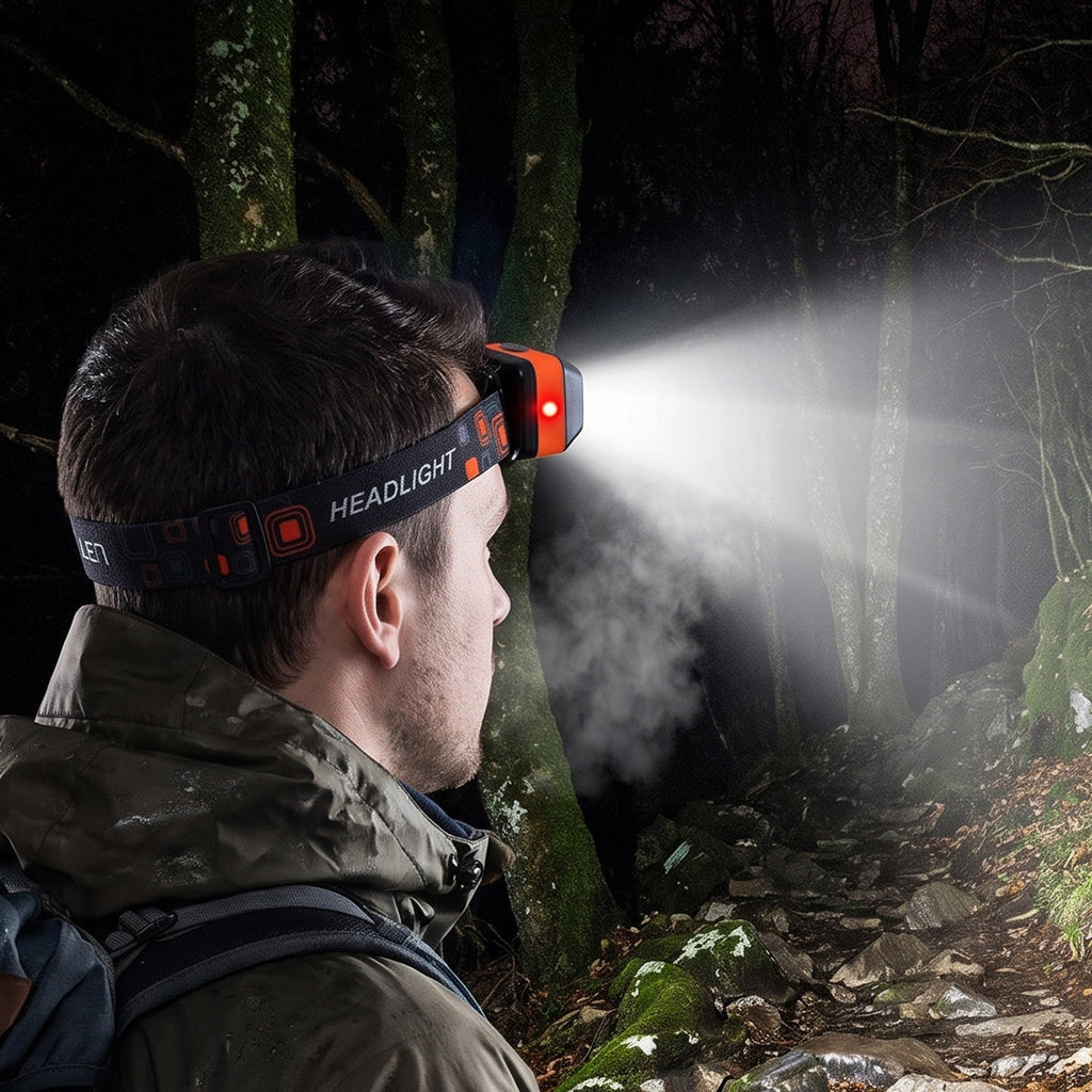 A man from behind wearing an orange and black headlamp with a bright white beam illuminating a dark forest path.