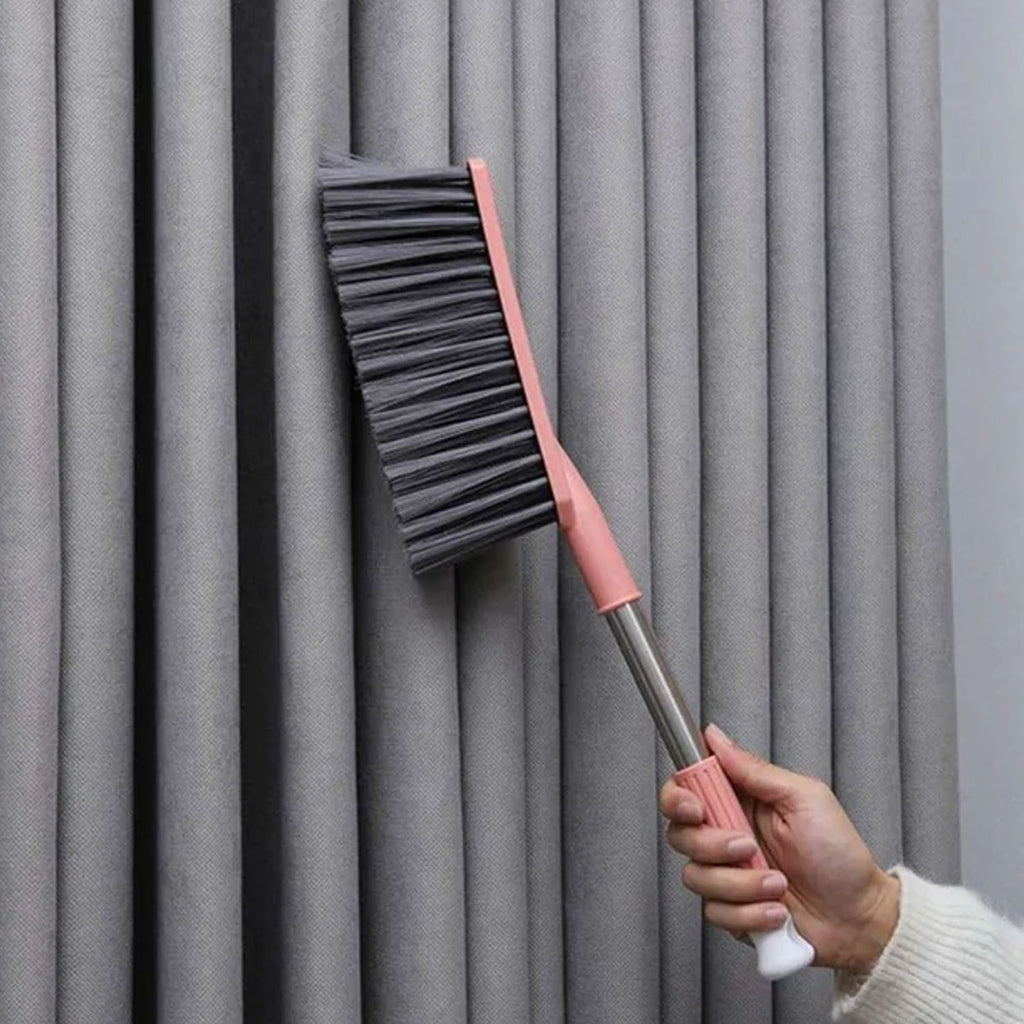 Soft bristle dusting brush with ergonomic long handle for easy cleaning