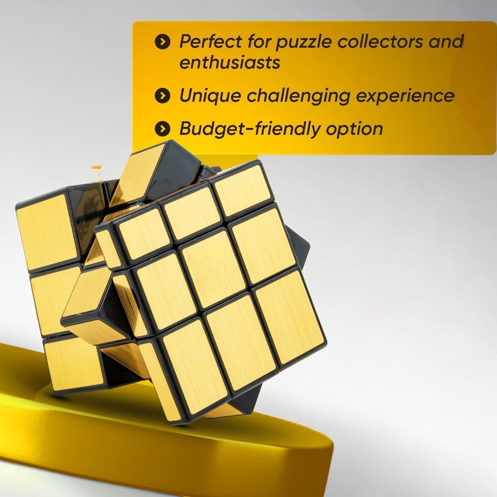 A gold mirror cube puzzle is shown at an angle on a yellow surface, with text highlighting benefits for puzzle collectors
