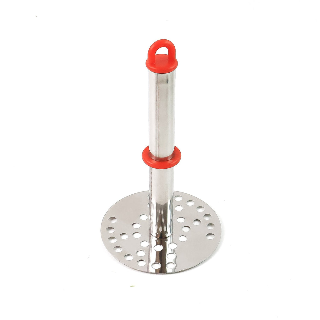 Potato masher hanging on kitchen rack using the hanging loop