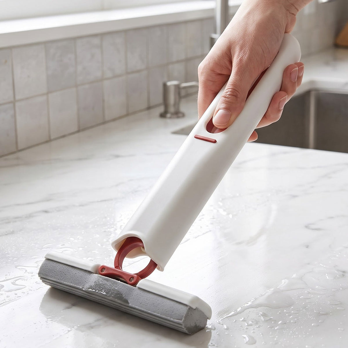 A hand holding a white and red mini mop with a grey sponge head, cleaning a wet white countertop. – view 3