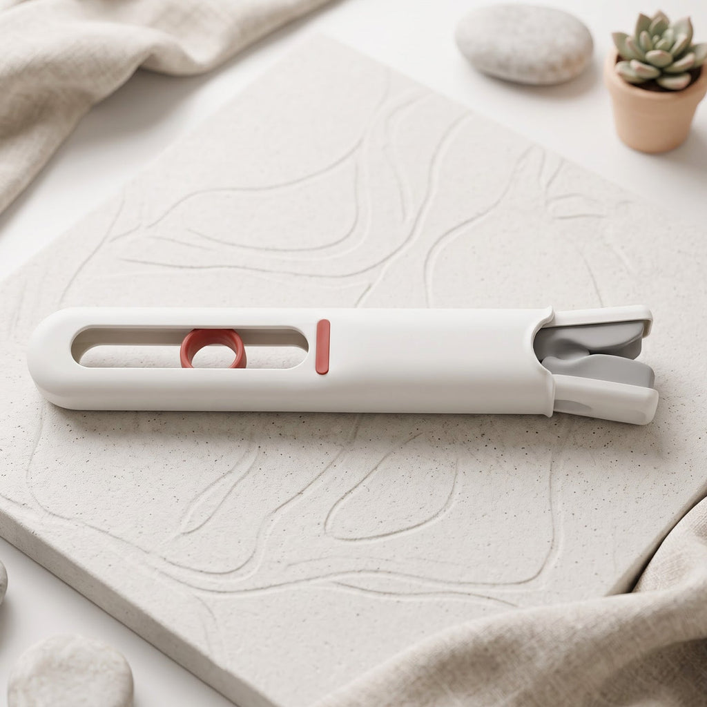 A folded white and red mini mop with a grey sponge head rests on a textured white surface, with pebbles and a succulent.