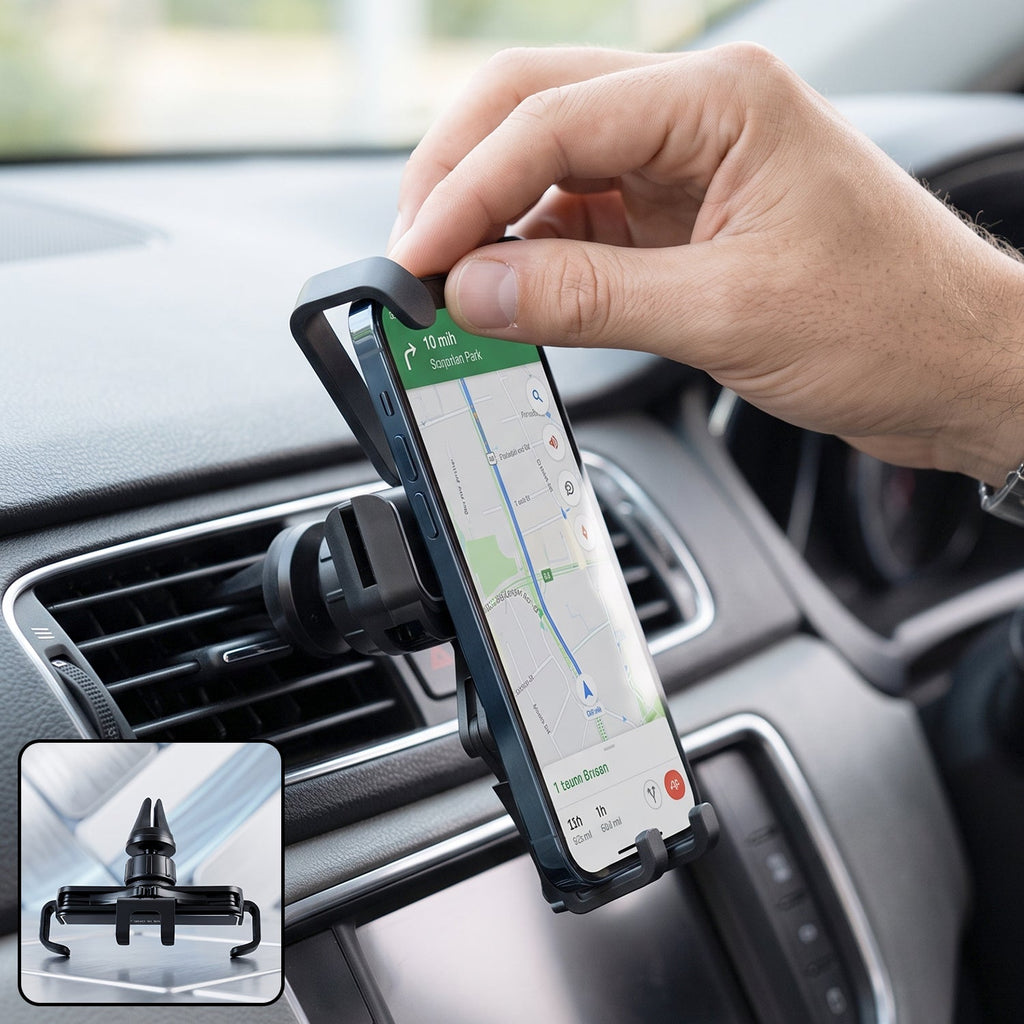 A hand placing a smartphone with a map on its screen into a black car air vent phone holder
