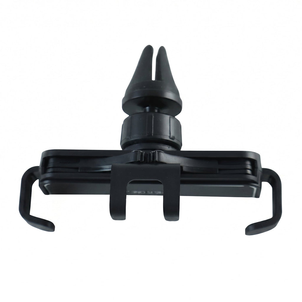 A black plastic car air vent phone holder with a white background.