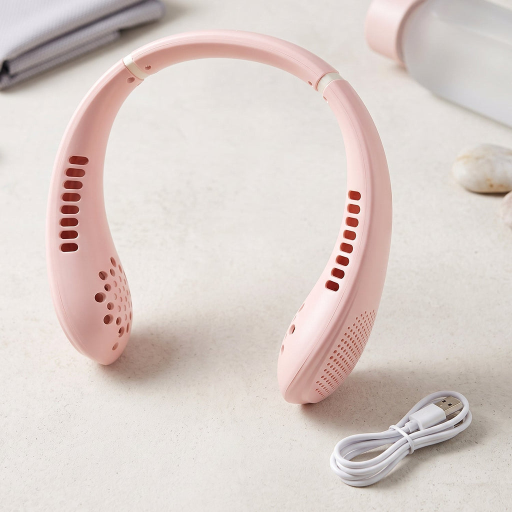A pink portable neck fan with a white USB charging cable on a light surface with blurred background items.