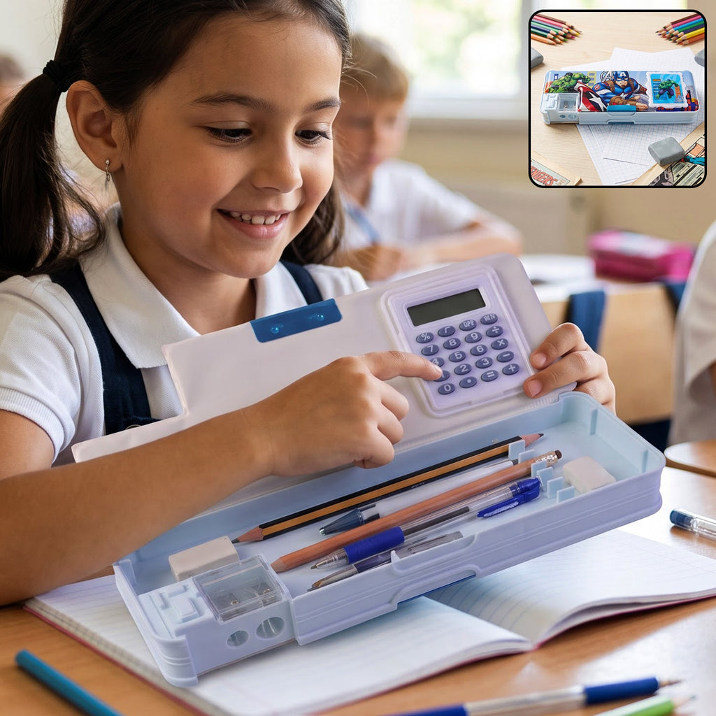A smiling girl in a school uniform using a light blue Avengers pencil box with a built-in calculator and sharpener.