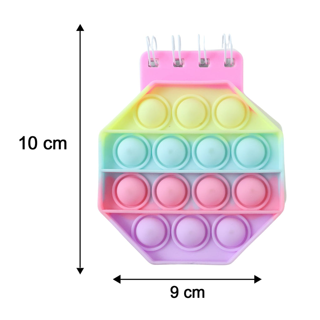 A pastel hexagon pop it fidget notebook with dimensions of 10 cm height and 9 cm width.