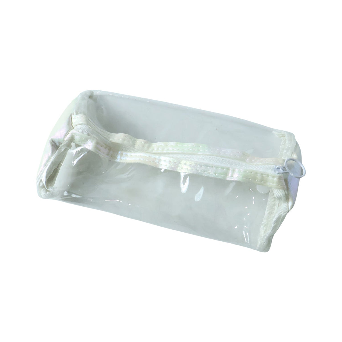 Empty clear PVC pencil case with white trim and zipper, shown at an angle on a white background.
