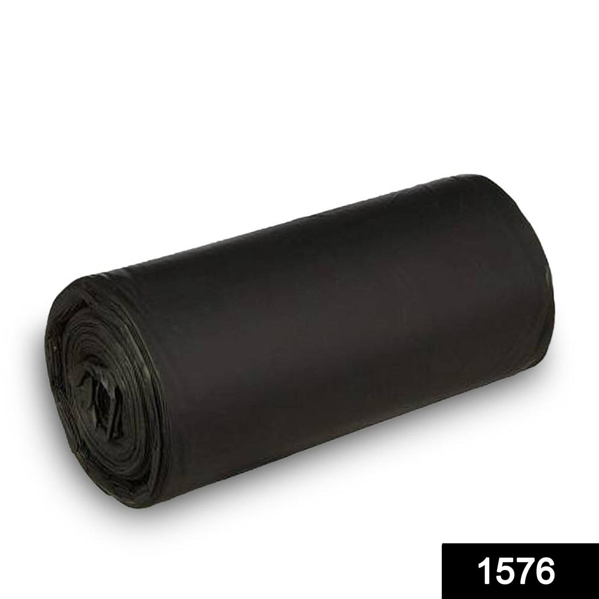 A single roll of black plastic garbage bags on a white background.