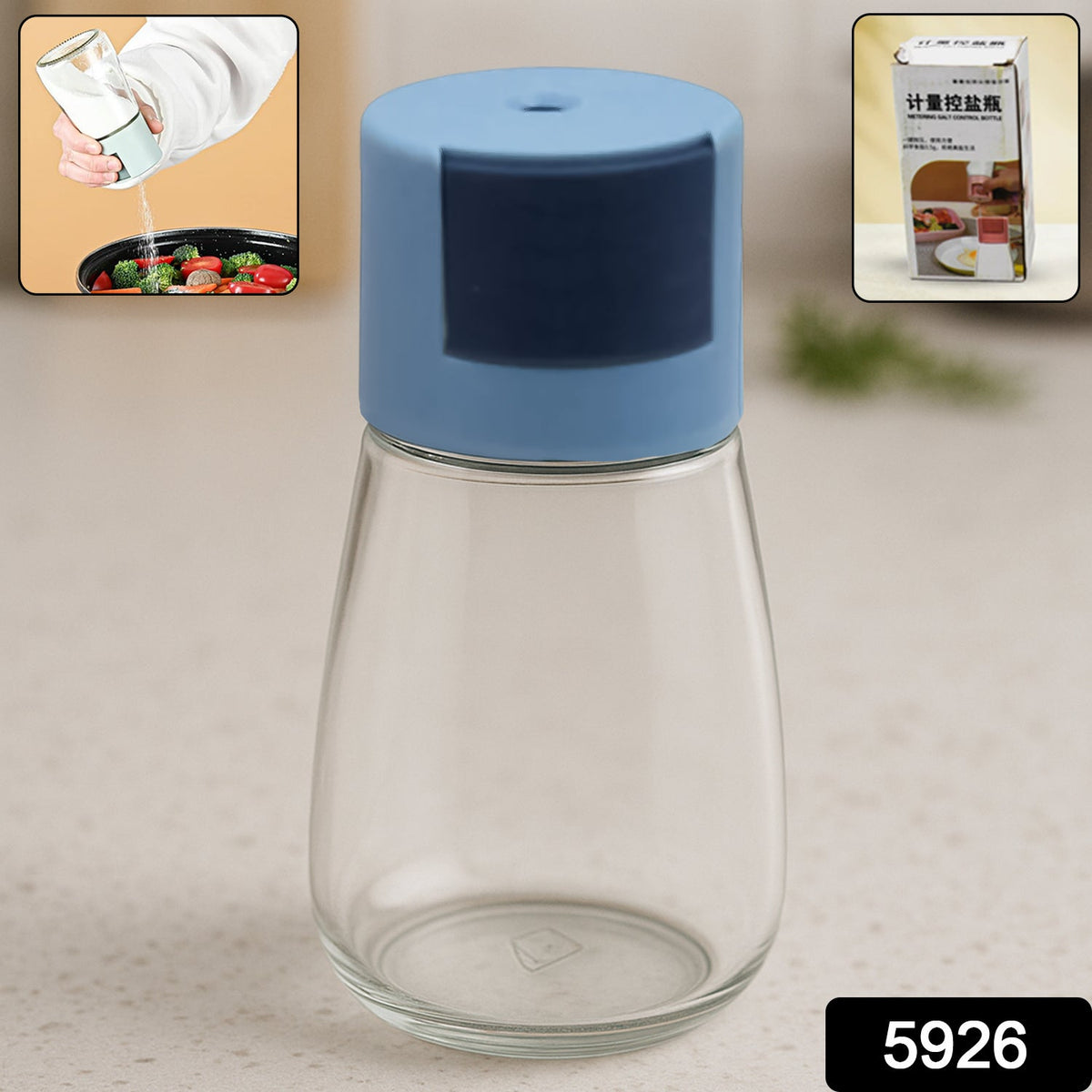 A clear glass spice dispenser with a blue top stands on a kitchen counter, with an inset of it in use