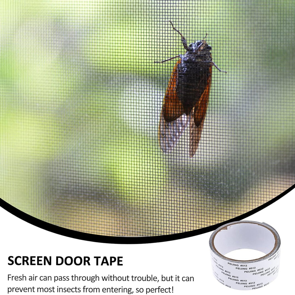 A large cicada resting on a black mesh screen, with a roll of repair tape in the bottom right corner.