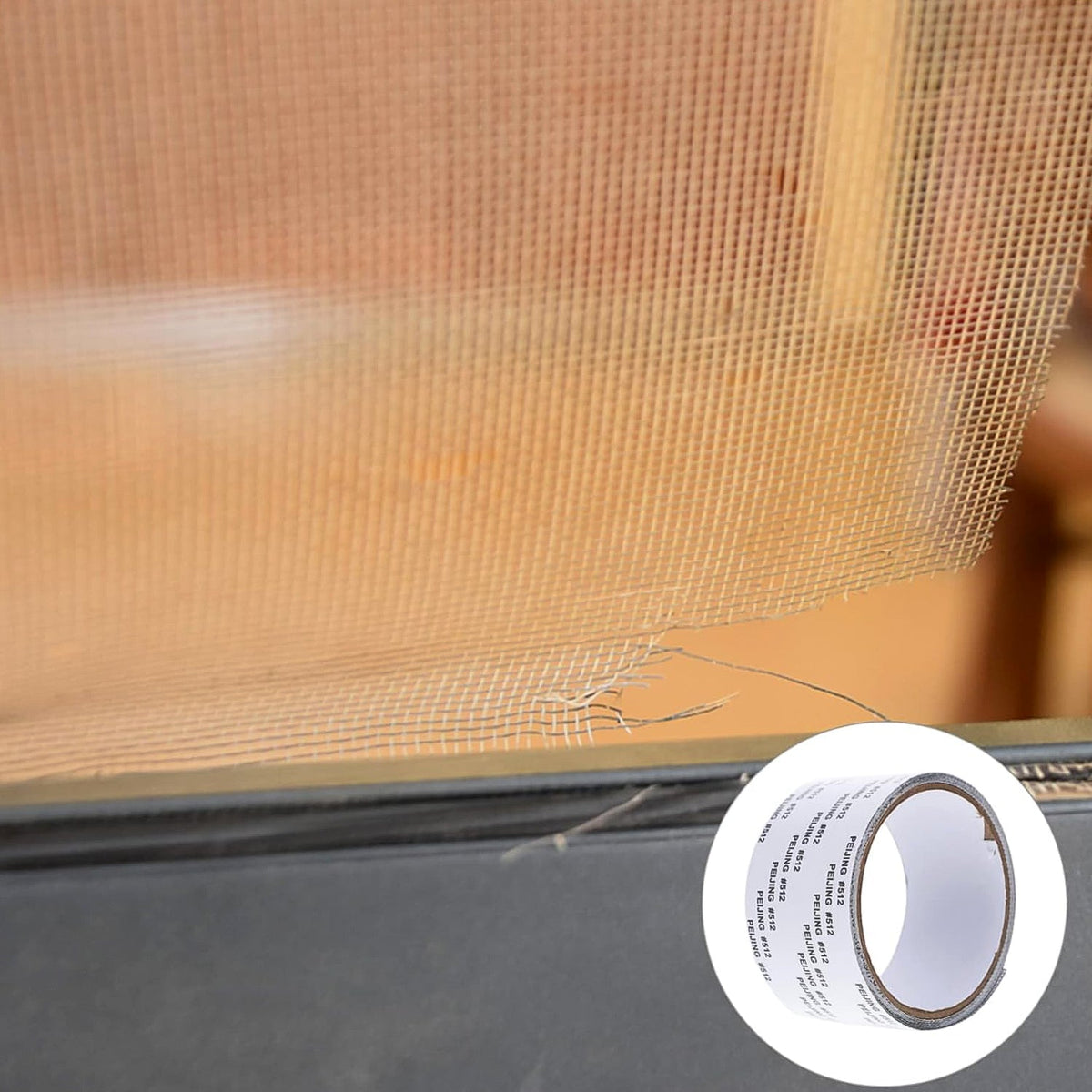 A close-up of a torn beige mesh screen with a roll of repair tape in a circular inset.
