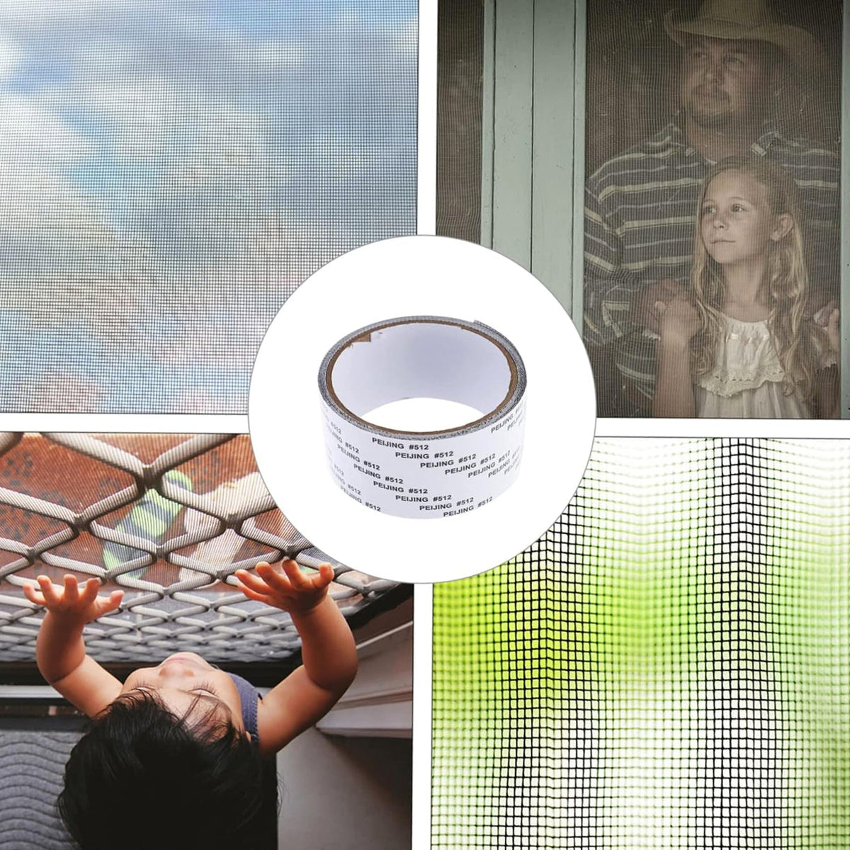 A four-panel collage featuring various mesh screens and a central image of the grey mesh repair tape roll.