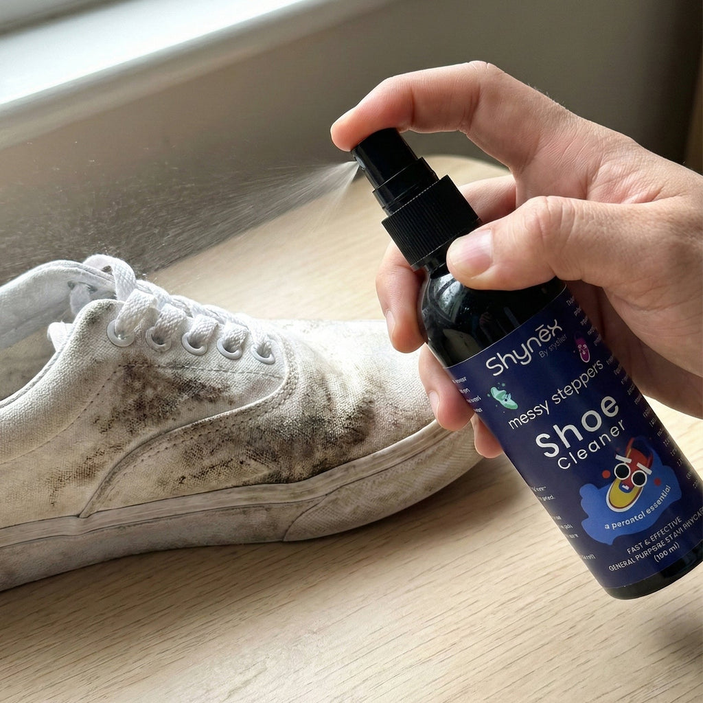 A hand sprays Shynex shoe cleaner onto a heavily soiled white canvas shoe near a window.