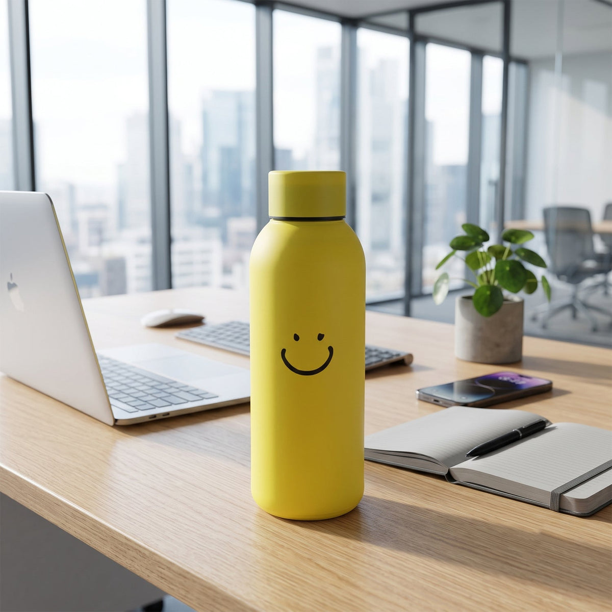 A yellow glass water bottle with a smiley face sits on an office desk next to a laptop and notebooks.