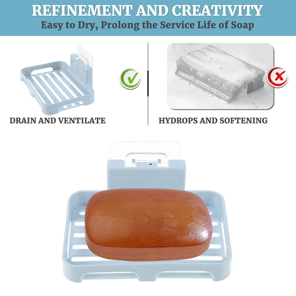 Light blue plastic soap dish with a brown bar of soap, demonstrating its draining feature next to a soggy soap.