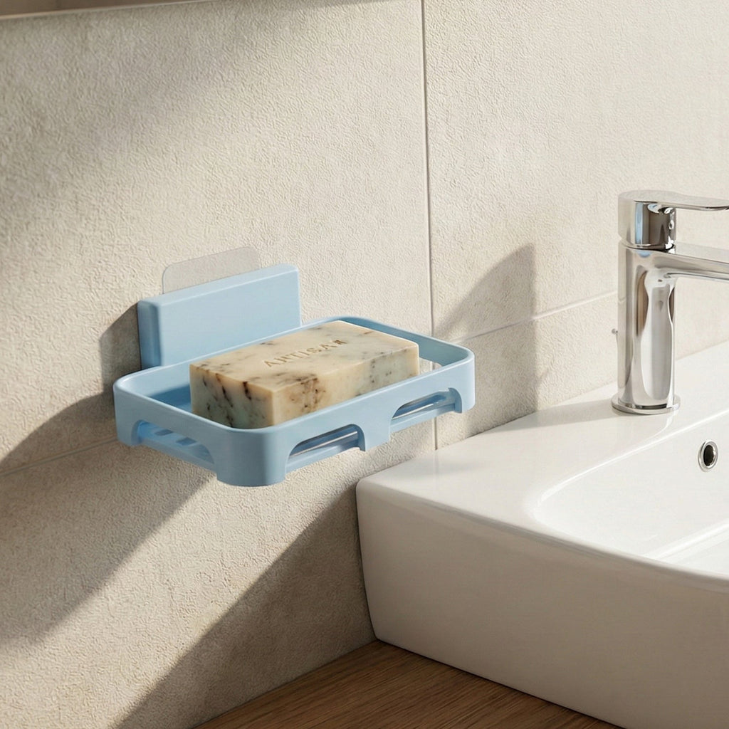 Light blue plastic soap dish with a speckled bar of soap, mounted on a tiled wall next to a white sink and faucet.