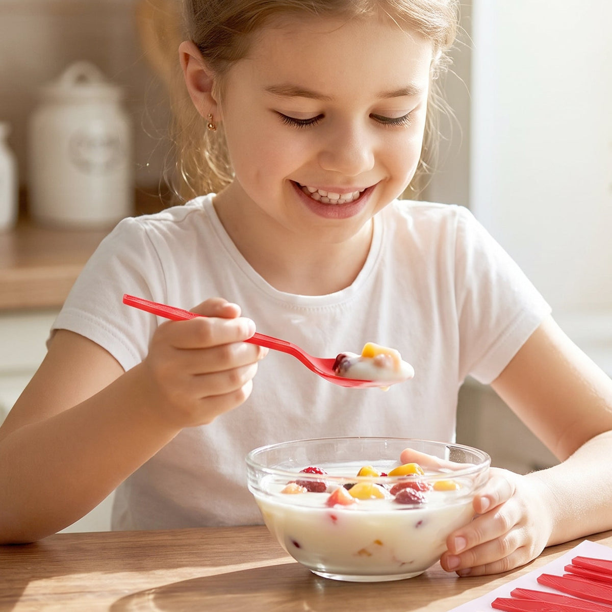 A smiling girl eats fruit and yogurt from a clear bowl with a red plastic spoon.