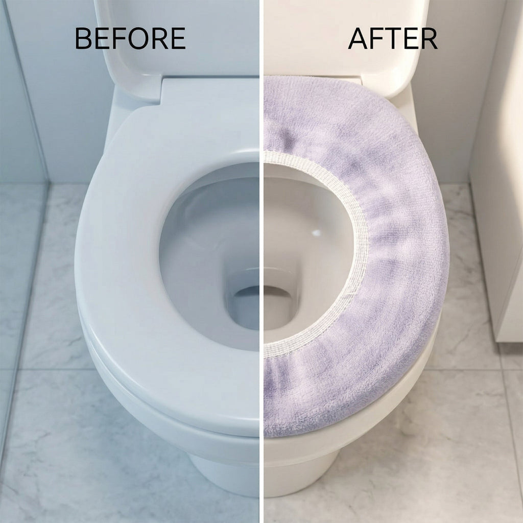 A split image showing a white toilet seat before and after a light purple elastic cover is applied.