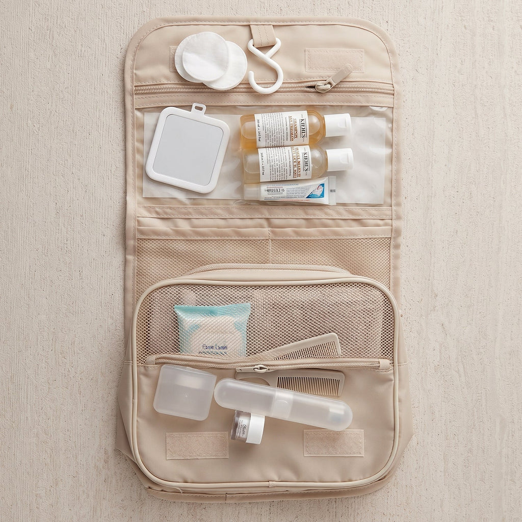 An open beige toiletry bag containing a mirror, small bottles, cotton pads, and a comb on a wooden surface.