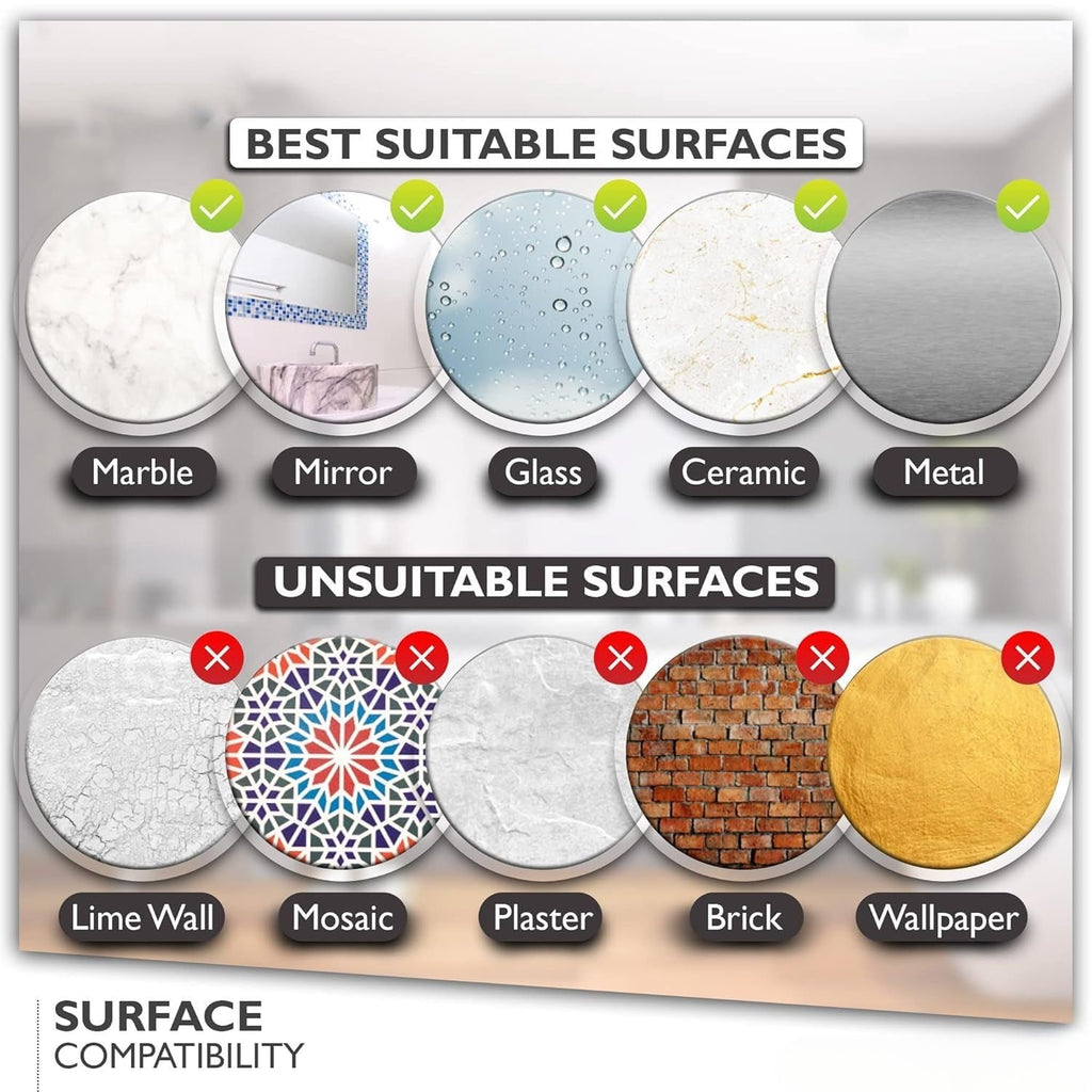 A diagram showing suitable surfaces like marble, mirror, glass, ceramic, and metal, and unsuitable surfaces like lime wall,