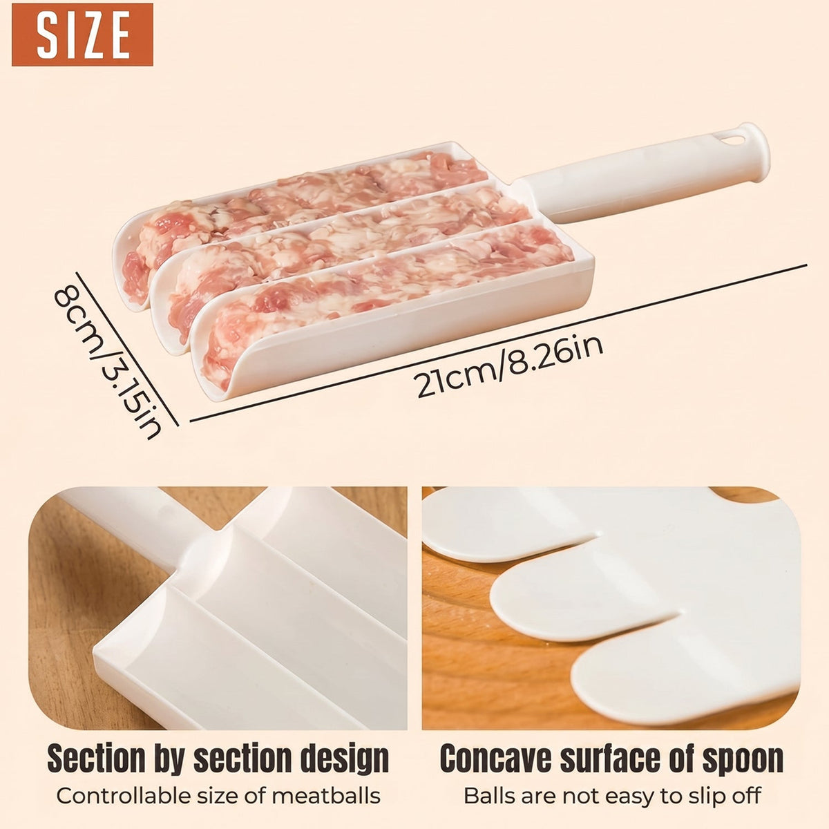 A white plastic meatball maker filled with raw meat shows dimensions and close-ups of its design features.