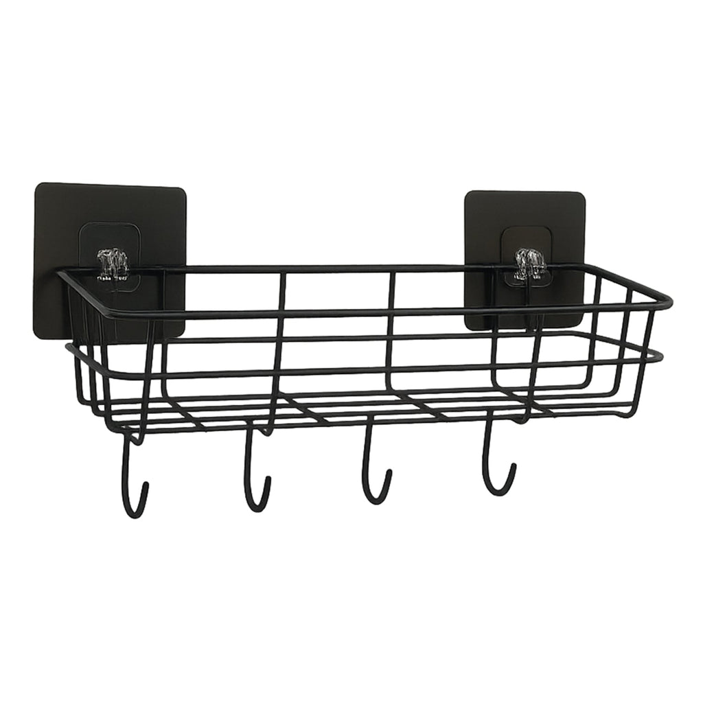 A standalone black metal wire storage basket with four integrated hooks and two adhesive mounting pads on a white background.